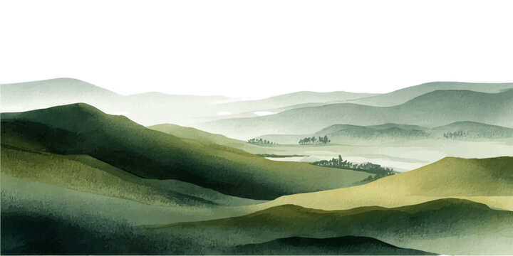 Green rolling hills and mountains extending into the misty distance, creating a serene and atmospheric layered landscape, rendered in a soothing watercolor painting style