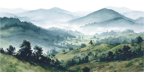 Watercolor painting depicting a tranquil mountain landscape with rolling green hills, dense tree cover, and a deep valley enveloped in soft, atmospheric misty fog layers