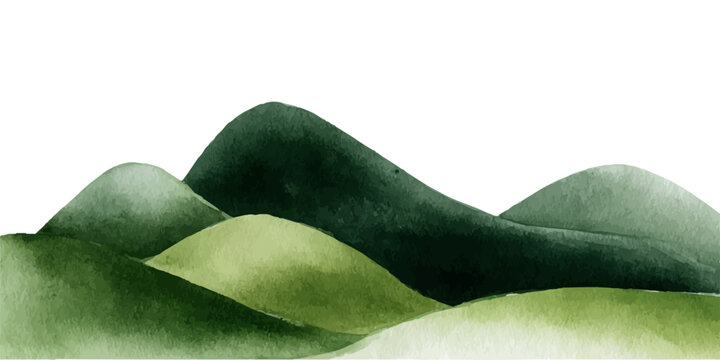Abstract watercolor painting depicting a continuous landscape of rolling green hills and mountains against a white background, suggesting nature, tranquility, growth, and environmental themes