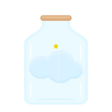Cloud with shining star in glass jar. Dream in jar. Cloud and star inside glass bottle. Concept of hope and inspiration. Desire and ambition jar, symbol of imagination and mental wellness. Vector