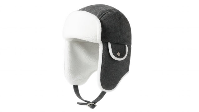A dark gray winter trapper hat with white faux fur lining, ear flaps, and a chin strap, isolated against a solid black background