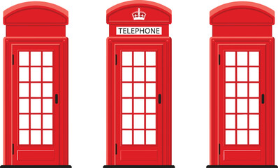 Obraz premium British Red Telephone Boxes – Three Classic Phone Booth Designs with Traditional Architecture Details
