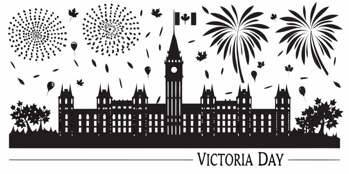 Silhouette illustration of parliament buildings with fireworks and canadian flag