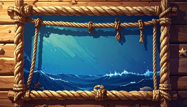 Wooden frame with thick rope borders framing a turbulent ocean view