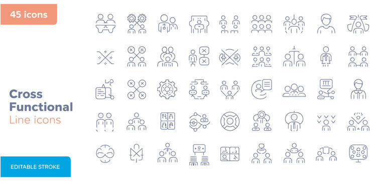 Modern vector line icons representing cross-functional teams, business collaboration, and organizational structure.