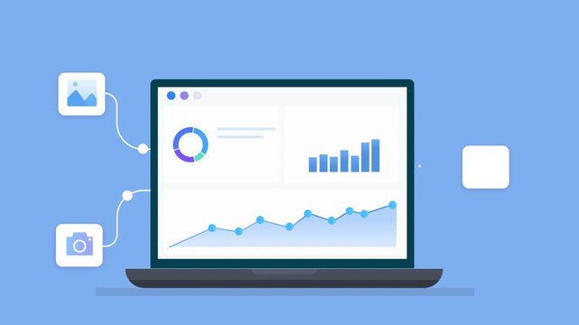 Animated flat illustration of a laptop displaying analytics charts with camera and image icons, representing visual content management, photography, and digital media workflow.