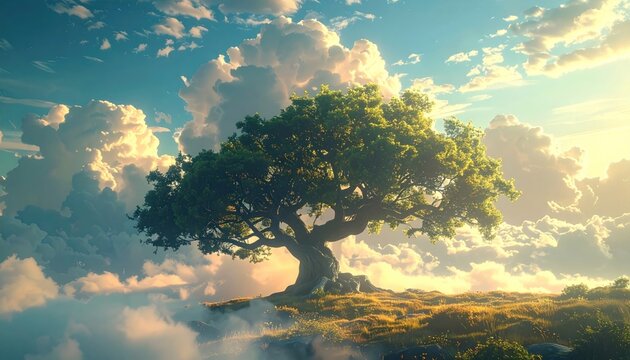 A lone, ancient tree crowns a grassy knoll, embraced by fluffy clouds in a bright sky
