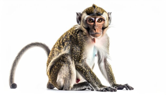 A seated monkey with brown fur and expressive eyes, isolated on a white backdrop