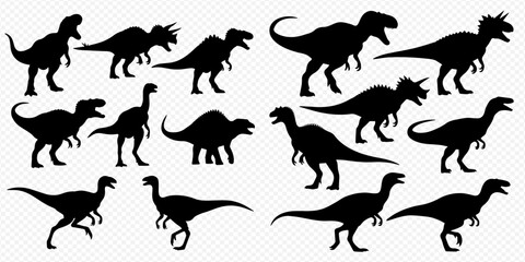 Collection of various dinosaur silhouettes in different poses, prehistoric animal shapes for design elements. © Akun