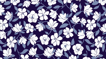 Obraz premium Flowers bloom on a dark blue background with leaves.