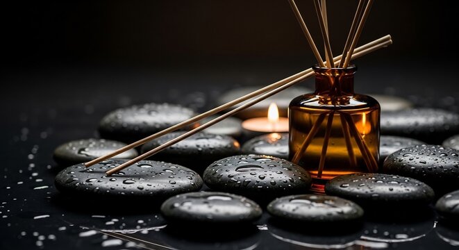 Aromatherapy diffuser with essential oil and lit candle on wet black stones.