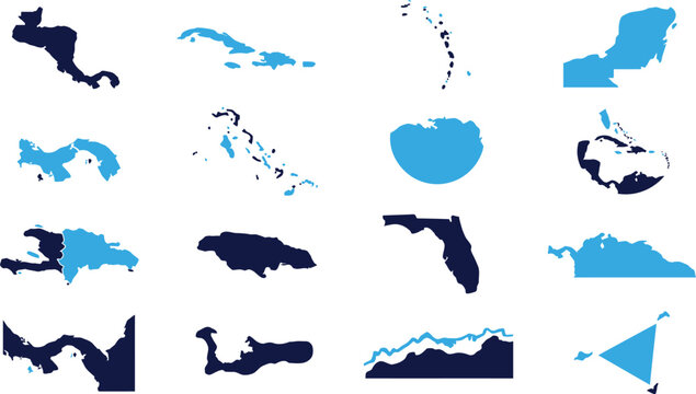 Maps of Central America, Caribbean, Florida, and Venezuela in blue and dark blue colors.