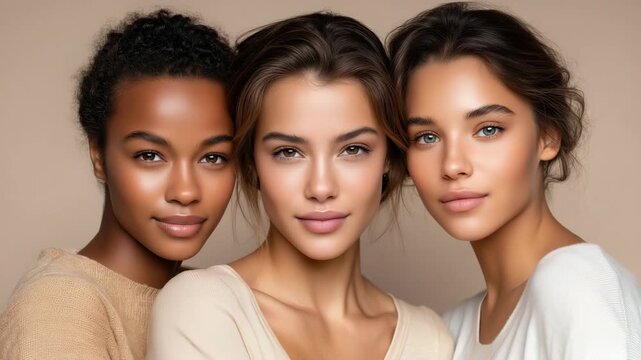 Diverse women beauty portrait with natural skin, multicultural skincare concept, three female models clean studio cosmetic campaign, inclusive wellness and minimal beauty background