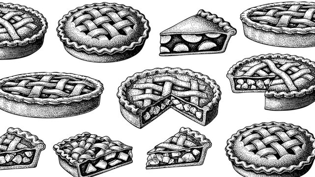 Wooden Engraving Apple Pie on White Background