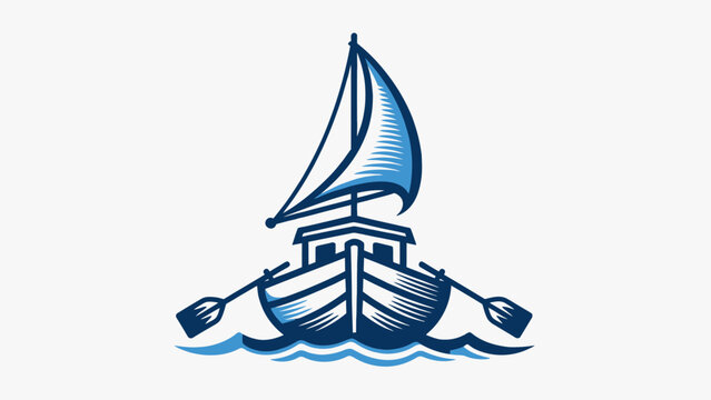 Stylized blue boat with a sail and oars floating on water, depicted in a classic emblem style.