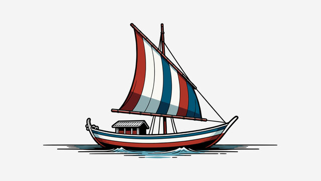 Traditional wooden sailboat with red, white, and blue striped sail on calm water, depicted in a simple illustrative style.