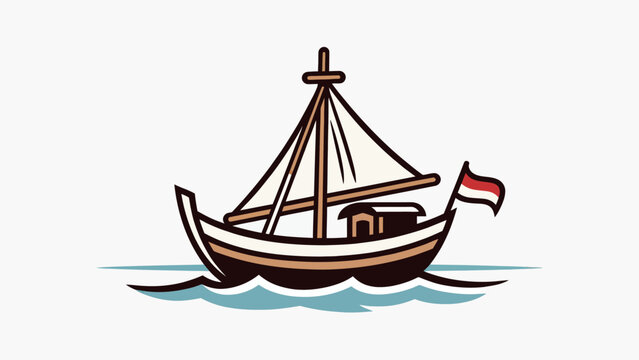 Stylized illustration of a traditional Indonesian wooden boat with a single mast, sail, and the Indonesian flag, sailing on water.