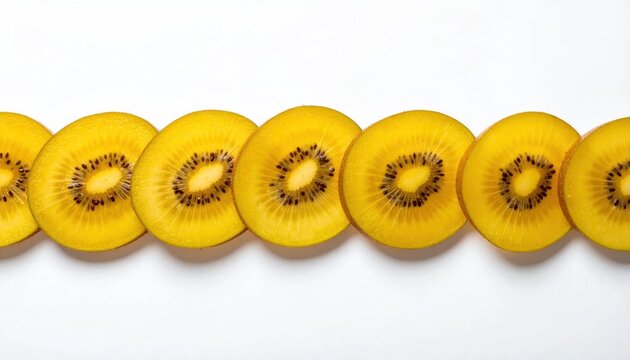 Sliced Golden Kiwis Arranged in a Row on White Background.