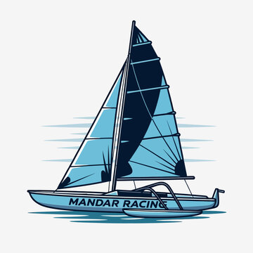 A stylized light blue and dark blue trimaran sailboat with "MANDAR RACING" on its side, sailing on water.