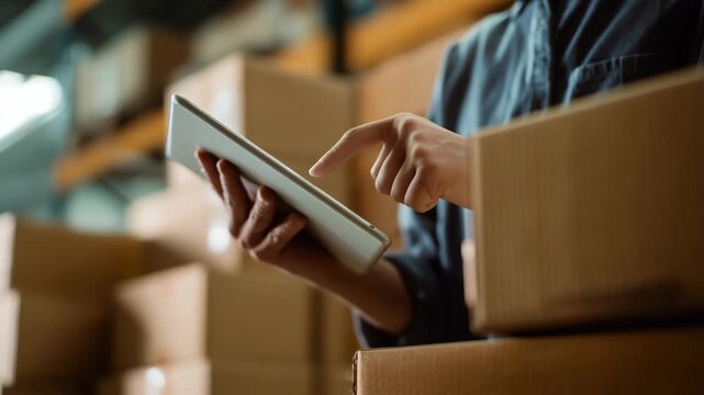 a warehouse worker using a handheld tablet while standing among stacked cardboard shipping boxes in a storage facility, medium close-up composition focused on both hand