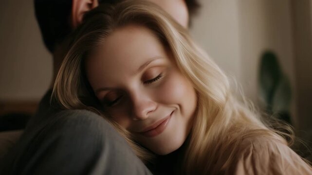 a young blonde woman resting peacefully on the shoulder of her partner in a cozy home interior, close emotional composition with both people partially visible, woman in the foregro