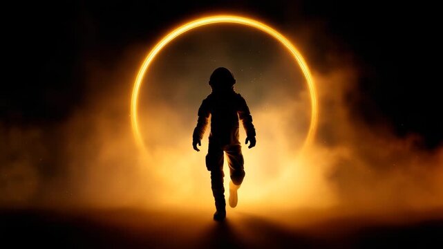 a lone astronaut walking forward out of a massive blazing circular portal of fire and light, full body visible, centered composition, astronaut silhouette clearly defined against