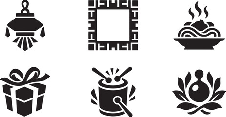 Fototapeta premium Cultural Celebration and Lifestyle Icon Set with Decorative Lantern Gift Box and Traditional Drum Symbols