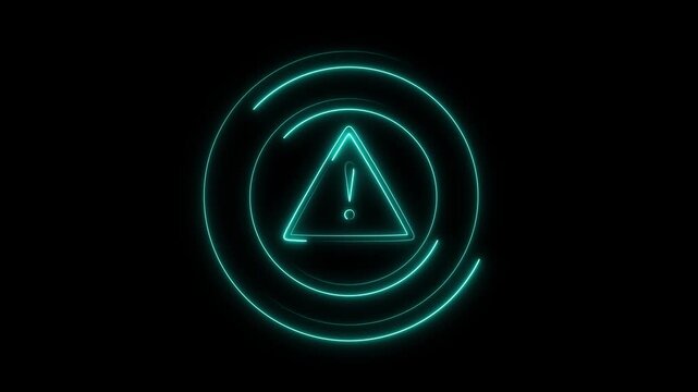 Warning symbol animation with concentric circles. Warning symbol cyan neon exclamation mark. Warning symbol digital security alert graphic on black background.