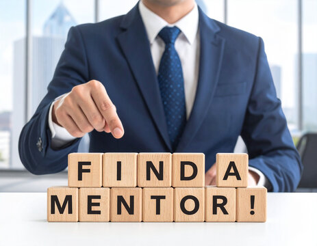 Find a Mentor! - Geschäftsmann zeigt auf den Text "Find a Mentor!"