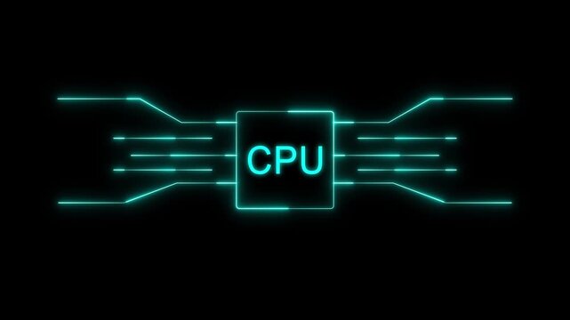 Cpu chip animation with neon circuitry lines. Cpu chip digital processor technology. Cpu chip artificial intelligence graphic on black background.