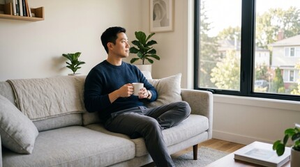 Fototapeta premium 거실 소파에 앉아 차를 마시며 휴식 중인 아시아 남성 (Calm Asian Man Relaxing with a Mug on a Sofa in a Modern Room)