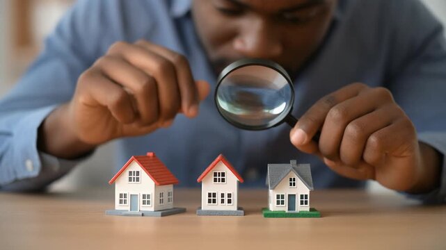 Man Using Magnifying Glass to Inspect Miniature House Models for Real Estate Evaluation