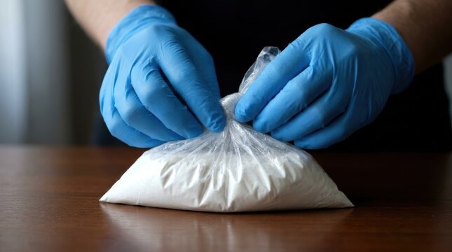 Close-up of hands wearing blue nitrile gloves, carefully sealing a clear plastic bag filled with a white powdery substance.