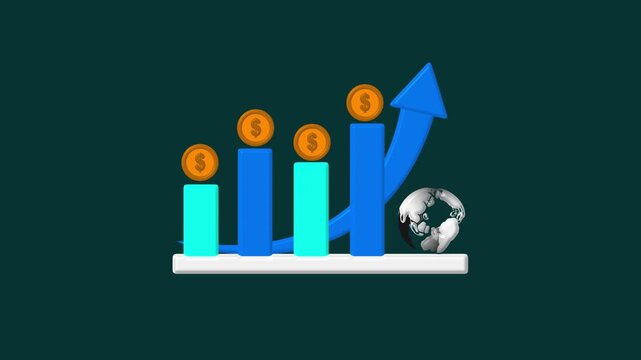 3D bar graph with coins and globe for growth. 3D bar graph for global finance. Professional 3D bar graph for international investment and worldwide economic analytics.