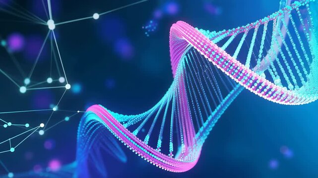 Futuristic DNA Molecule in Neon Data Network, Genetic Engineering Background, Biotechnology Research, Medical Innovation, Blue and Pink Science Technology Conceptcommercial abstrac