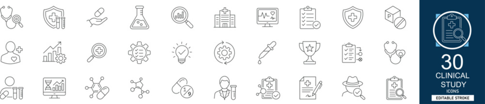 Clinical study line icon set with 30 icons medical research, laboratory, trial, healthcare, patient, science, pharmacy, data. Clean linear vector, editable stroke for professional projects.