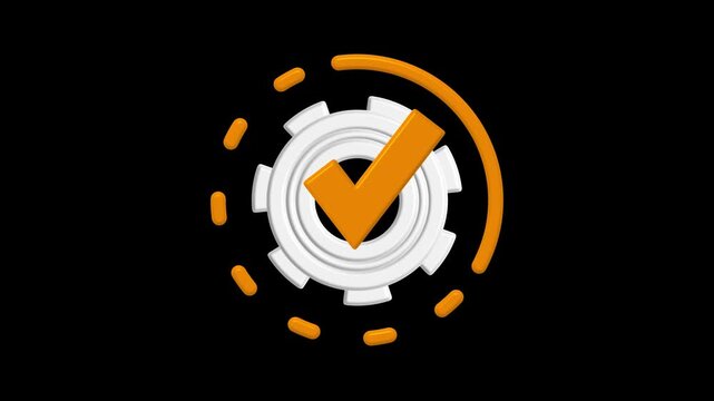 3D white gear with orange checkmark and dashed circle. 3D white gear for approval. Professional 3D white gear for industrial process verification and system confirmation.