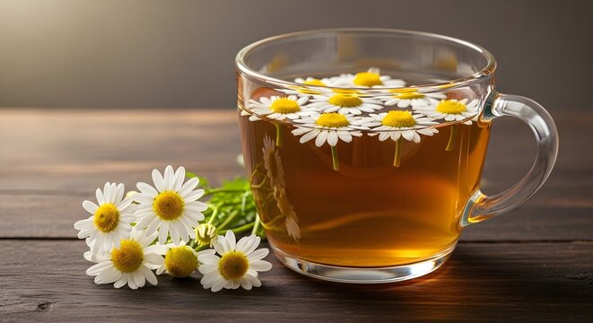 Fresh chamomile tea in a glass cup with flowers on a wooden table.