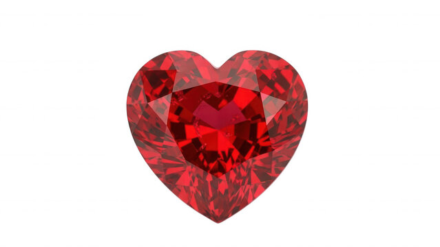 A faceted heart-shaped red ruby gemstone isolated on a solid black background, showing intricate geometric light reflections and deep