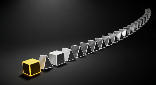 Shapes geometric sequence with glowing yellow cube, white prism and pyramid forms in abstract progression on dark background