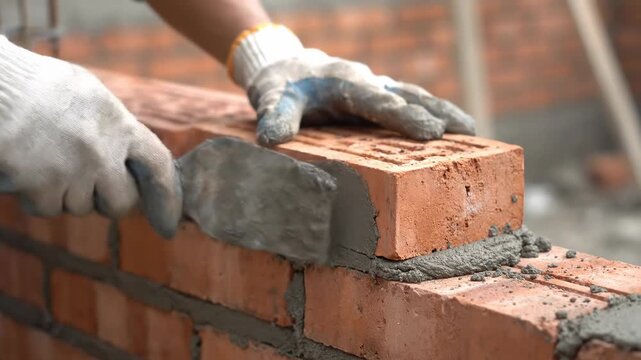 Close-up of a bricklayer placing a brick, applying mortar, building wall