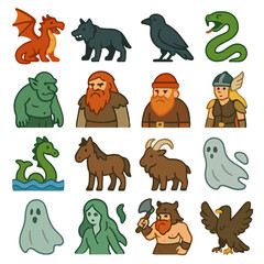 Fototapeta premium Collection of fantasy creatures and mythical beings in a cartoon style