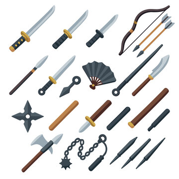 Collection of Japanese and Asian weapons and combat gear, flat design style