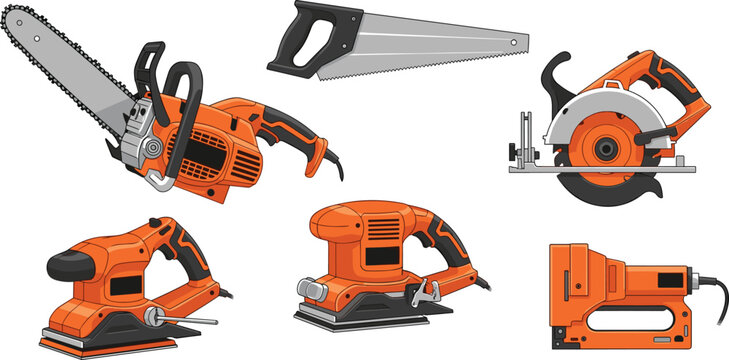 Professional Power Tool Equipment Collection Featuring Chainsaw, Circular Saw, Hand Saw, Orbital Sanders, and Nail Gun for Woodworking, Carpentry, and Industrial Construction Projects