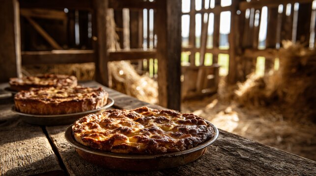 Apple clafoutis placed on a rough wooden table inside a rustic barn setting, hay and natural textures visible in the background, warm golden sunlight entering through gaps in wooden planks