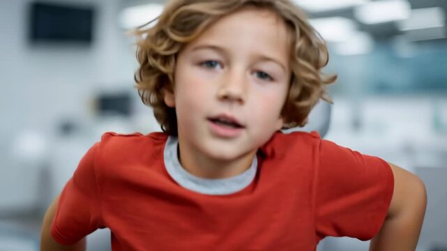 Smiling boy sitting in dental chair at modern clinic, happy child patient during dentist visit, pediatric dentistry concept, healthy teeth checkup, friendly dental care and childre