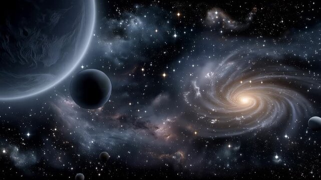 Planetary alignment in deep space, sunrise over cosmic horizon, celestial bodies in orbit, dramatic universe scene, sci fi astronomy background, abstract space exploration wallpape