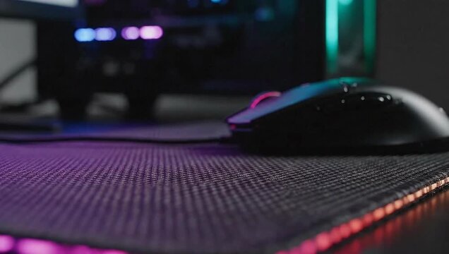 Close-up of a gaming computer mouse on a colorful RGB illuminated mousepad with a desktop PC in the background