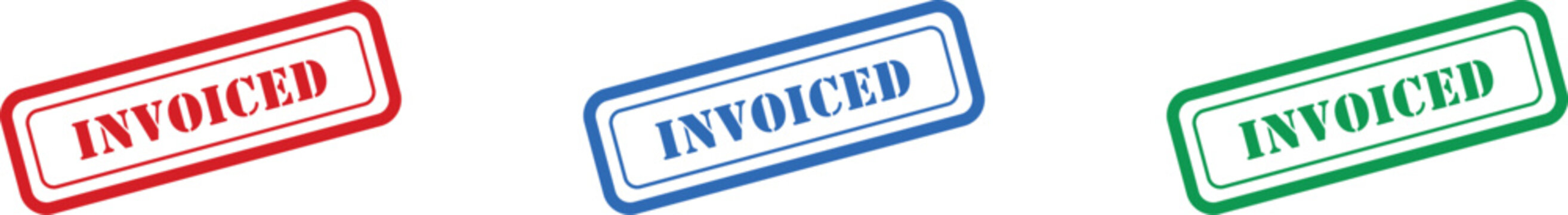 Collection of three bright rubber stamps feature the word INVOICED in red, blue, and green colors