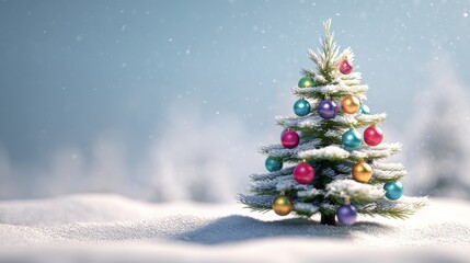 Fototapeta premium Christmas tree, colorful ornaments and soft snow base, minimal clean background, cozy holiday mood, high detail lighting, 3D illustration